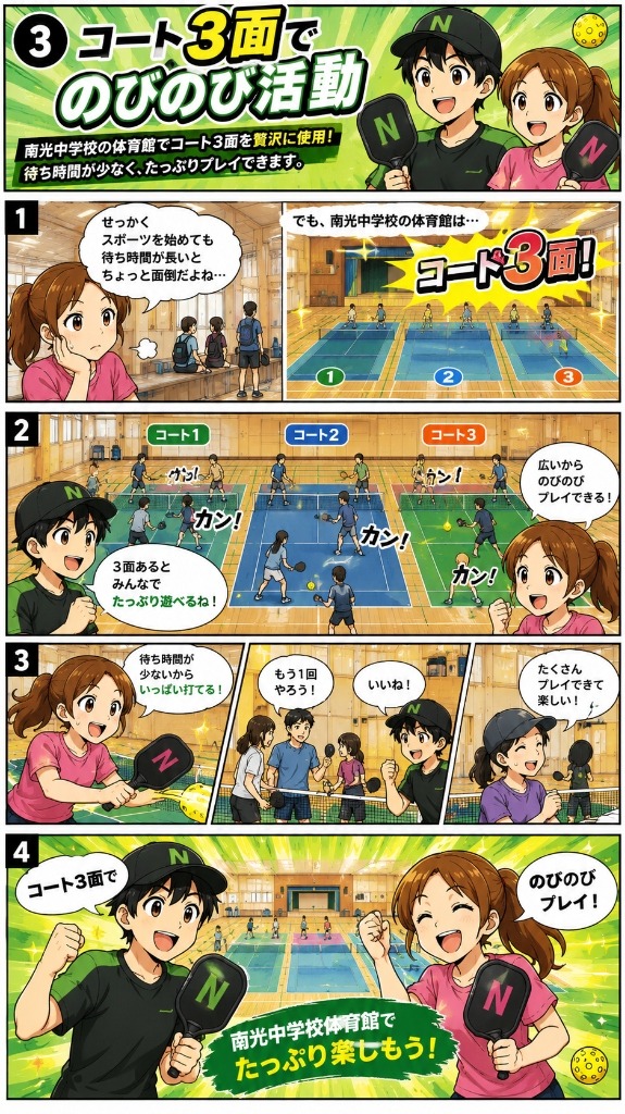 コート3面でのびのび活動！ マンガ解説